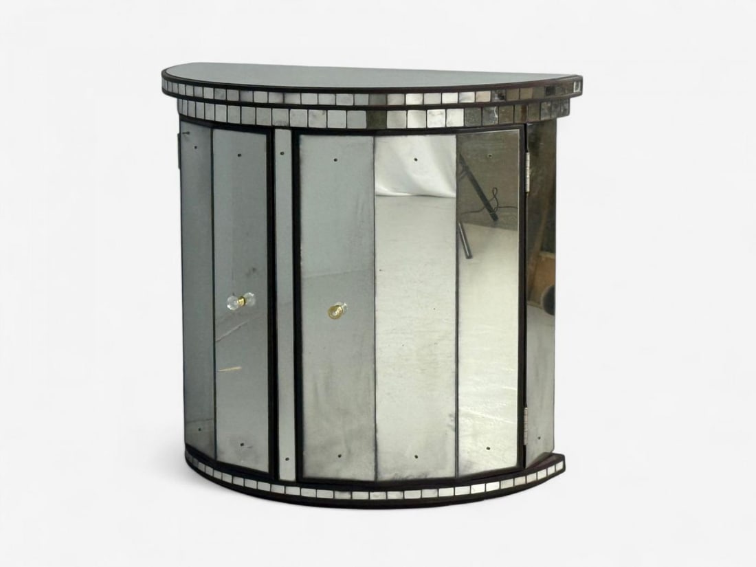 Hollywood Regency Style, Distressed Glass, Mirrored Demilune Cabinet - 4