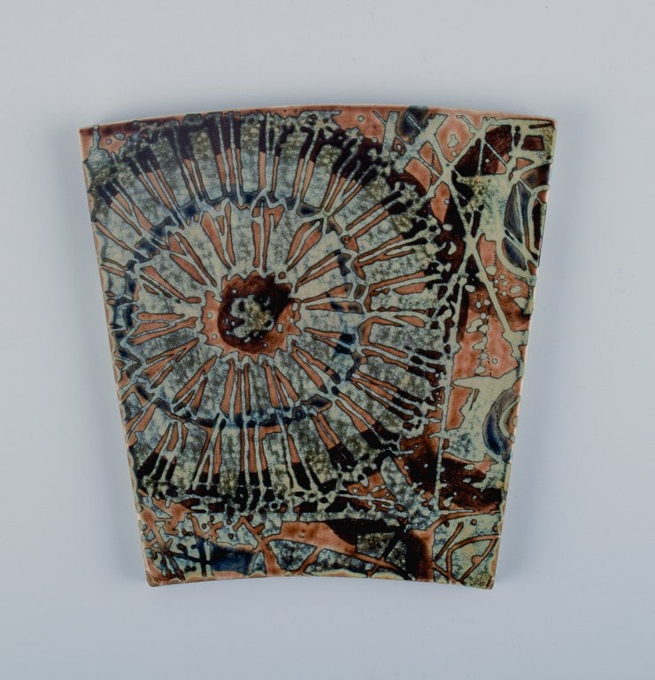 Royal Copenhagen, six Baca faience tiles with patterned glaze in brown, blue and green. - 2