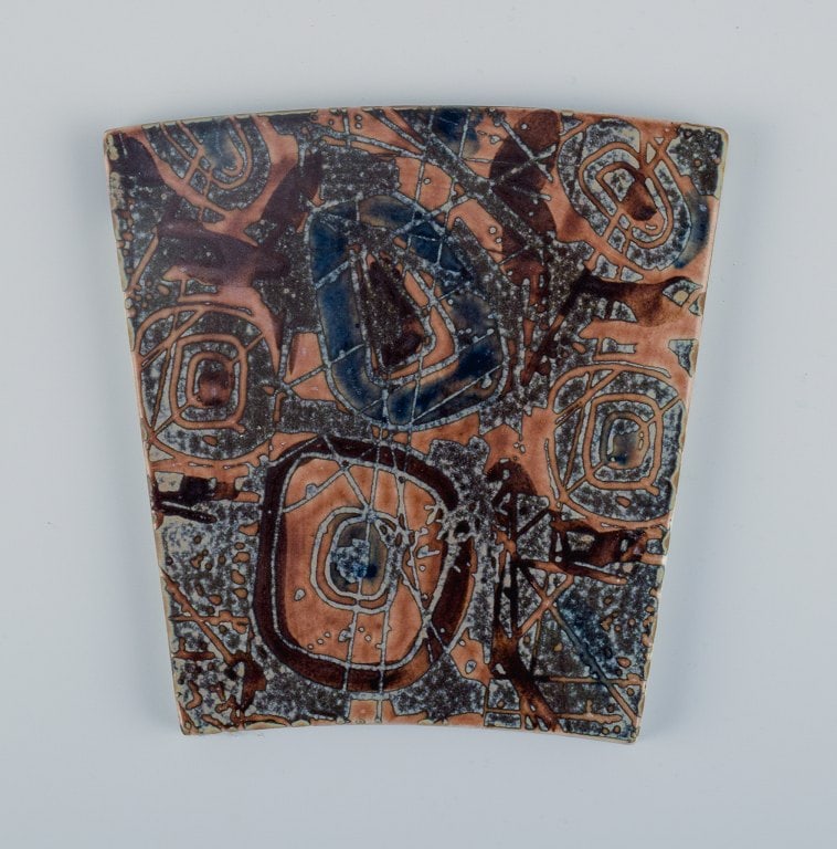 Royal Copenhagen, six Baca faience tiles with patterned glaze in brown, blue and green. - 3