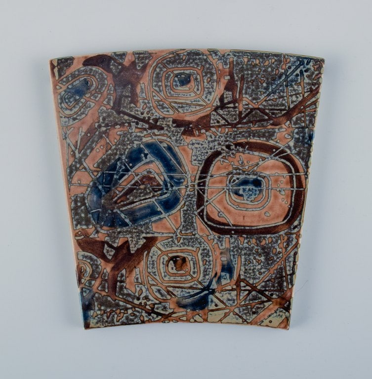 Royal Copenhagen, six Baca faience tiles with patterned glaze in brown, blue and green. - 2