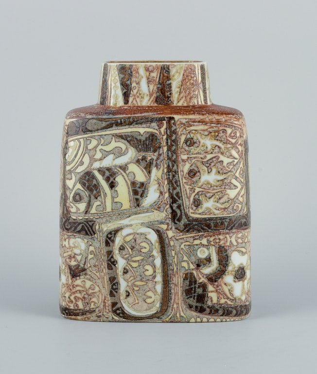 Nils Thorsson and Johanne Gerber for Aluminia, Royal Copenhagen. Baca vase decorated with fish,: Title: Nils Thorsson and Johanne Gerber for Aluminia, Royal Copenhagen. Baca vase decorated with fish, patterned glaze in light brown shades. Description: Nils Thorsson and Johanne Gerber for Aluminia