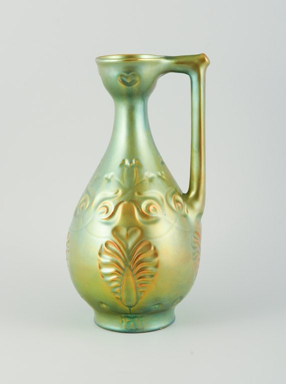 Zsolnay, Hungary. Large ceramic jug with eosin glaze modeled with foliage. (1 of 6)
