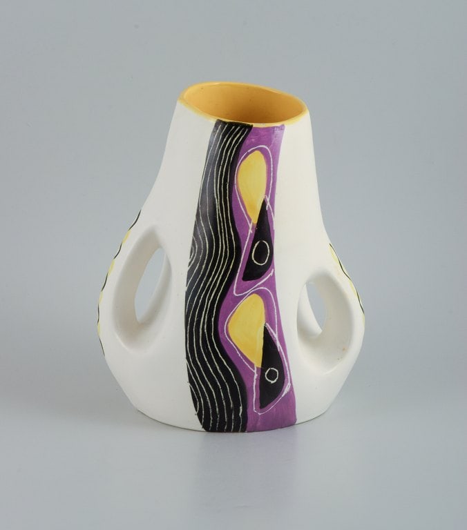 Vallauris, Unique ceramic vase in organic form. Hand painted with abstract motif. (1 of 6)