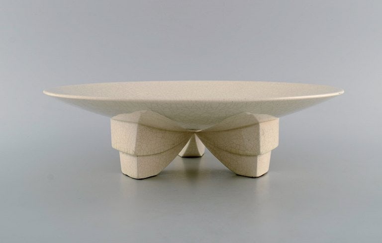 Longwy, France. Art deco bowl in glazed stoneware on tripod. Crackle design. 1940s.: Title: Longwy, France. Art deco bowl in glazed stoneware on tripod. Crackle design. 1940s. Description: Longwy, France. Art deco bowl in glazed stoneware on tripod. Crackle design. 1940s. Measures: