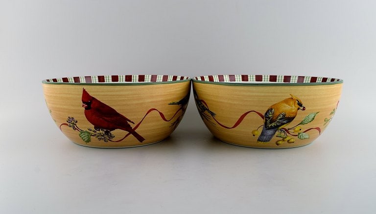Catherine McClung for Lenox. "Winter greetings everyday". Two large bowls in glazed stoneware: Title: Catherine McClung for Lenox. "Winter greetings everyday". Two large bowls in glazed stoneware decorated with mistletoe, birds and red ribbon. Approx. 2000. Description: Catherine McClung for