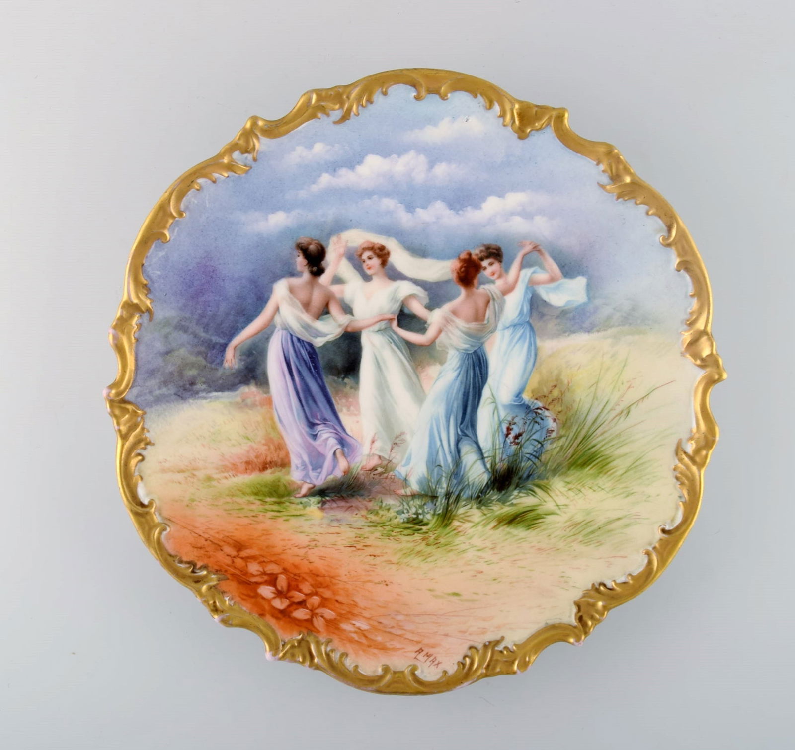 Limoges, France. Large antique dish in hand-painted porcelain decorated with dancing women and gold (1 of 7)