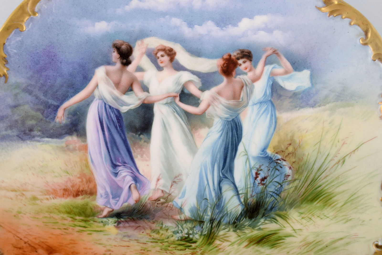 Limoges, France. Large antique dish in hand-painted porcelain decorated with dancing women and gold - 2