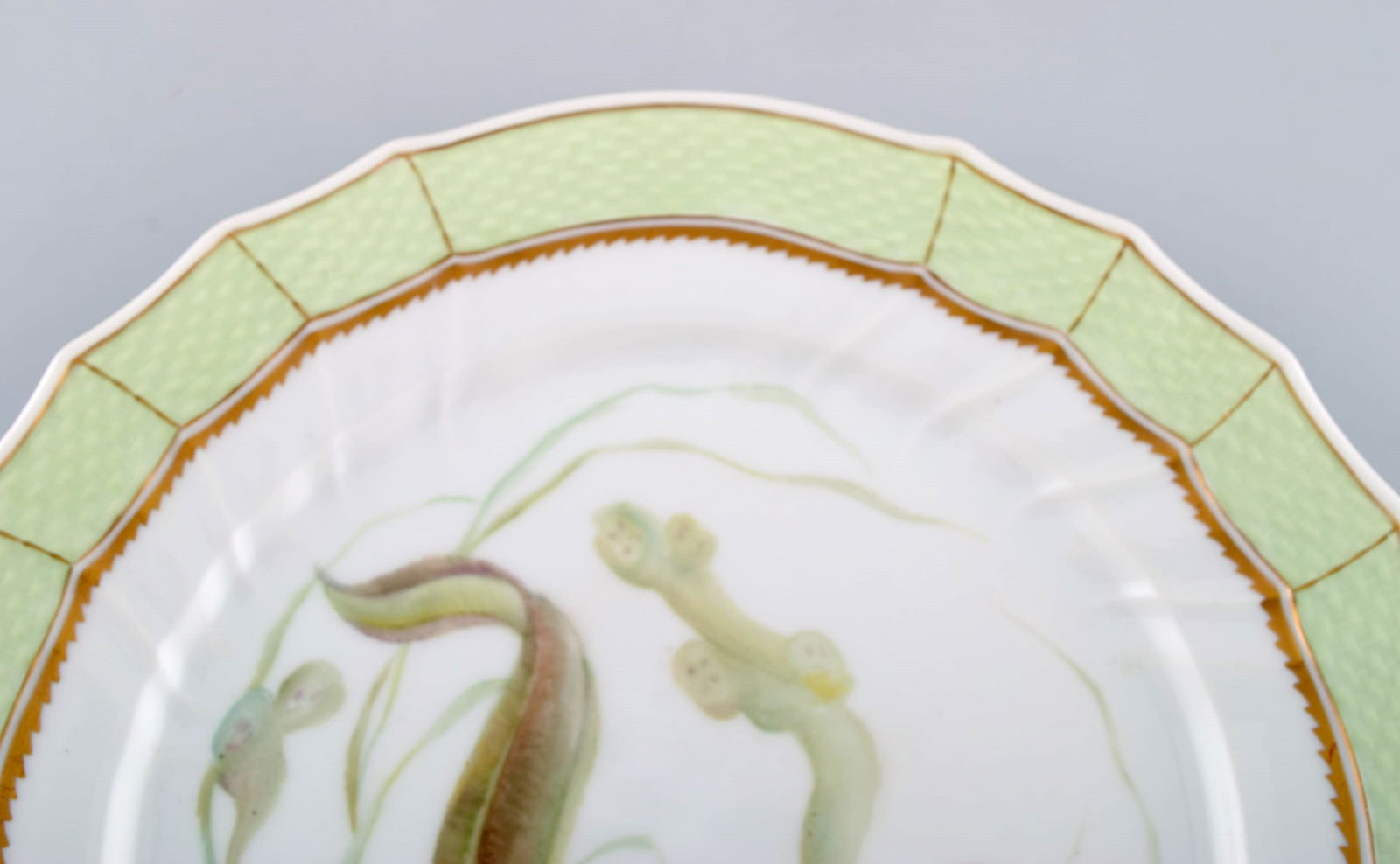 Royal Copenhagen fish plate with green edge, gold decoration and fish motif. Model 919/1710. - 3