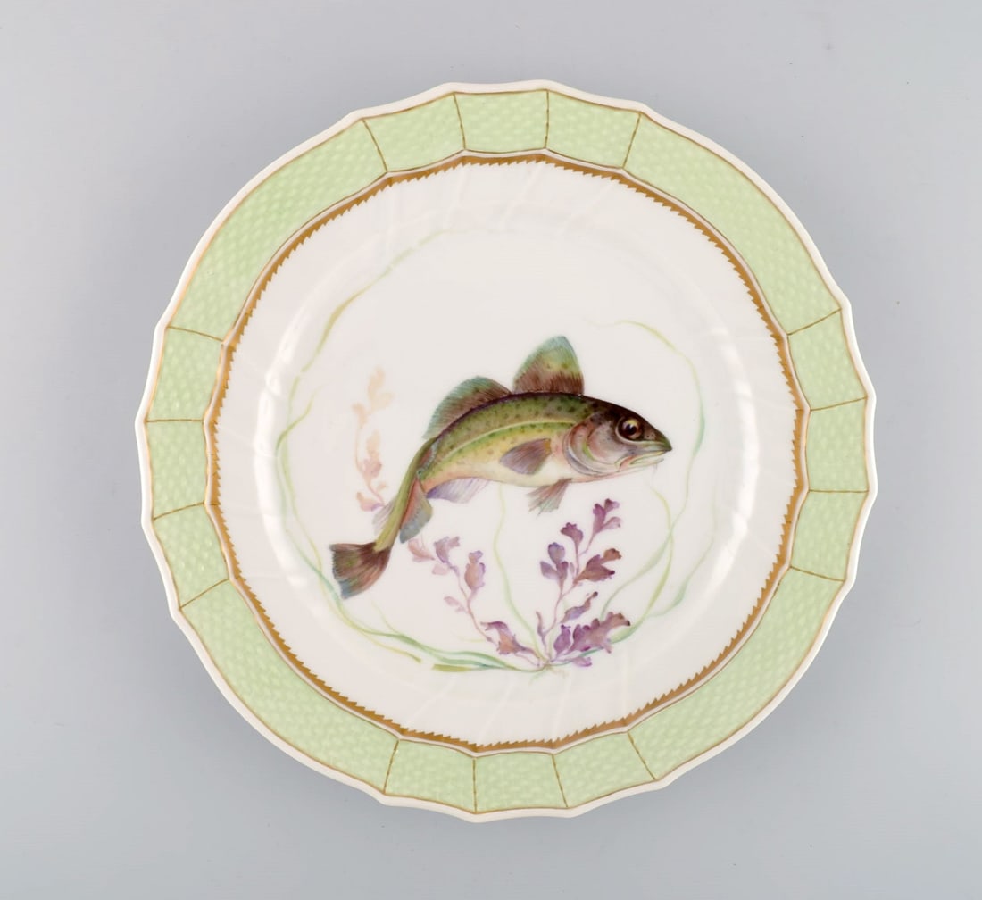 Royal Copenhagen fish plate with green edge, gold decoration and fish motif. Model 919/1710. (1 of 4)