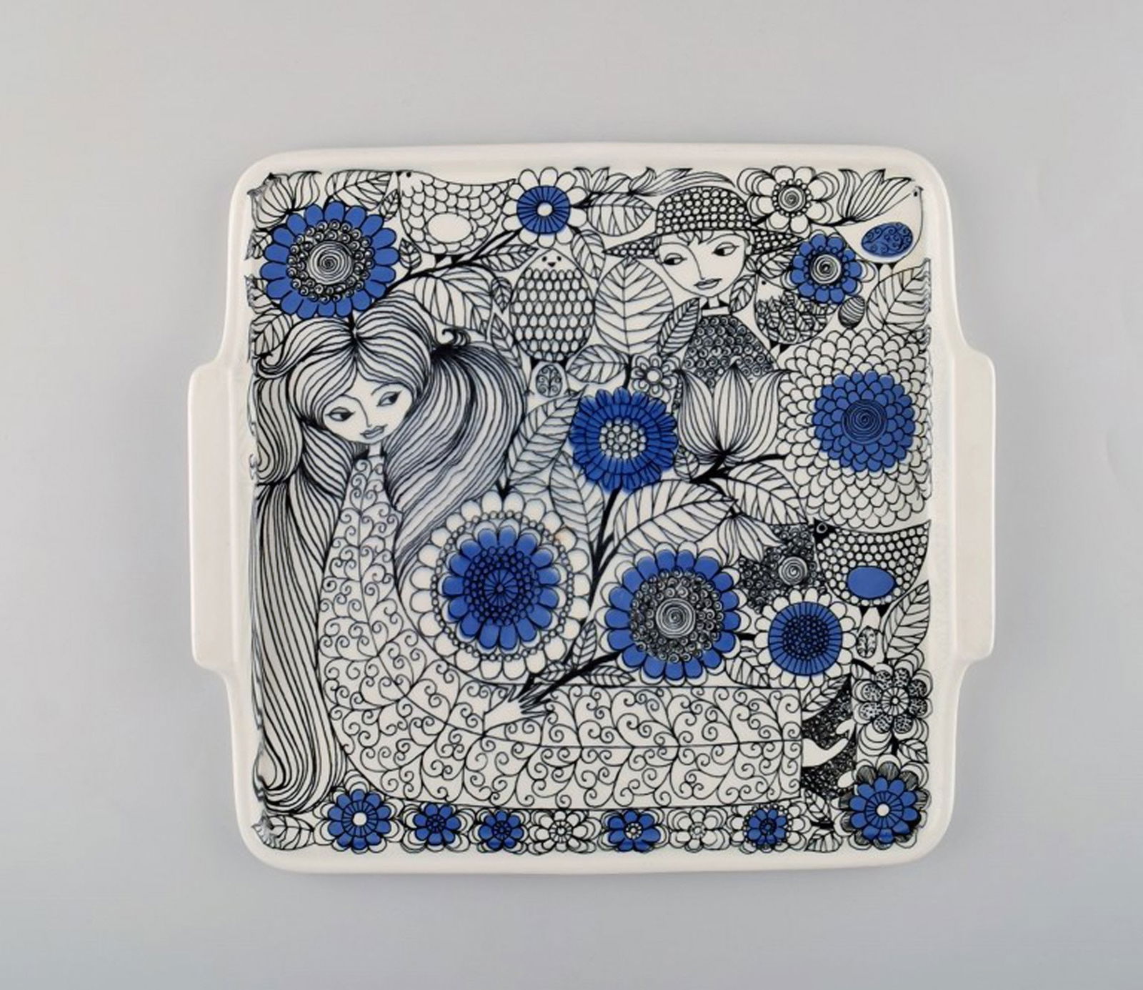 Esteri Tomula (1920-1998), Finland. Pastoraali tray in porcelain decorated with women and flowers.: Title: Esteri Tomula (1920-1998), Finland. Pastoraali tray in porcelain decorated with women and flowers. 1960's. Description: Esteri Tomula (1920-1998), Finland. Pastoraali tray in porcelain decorate