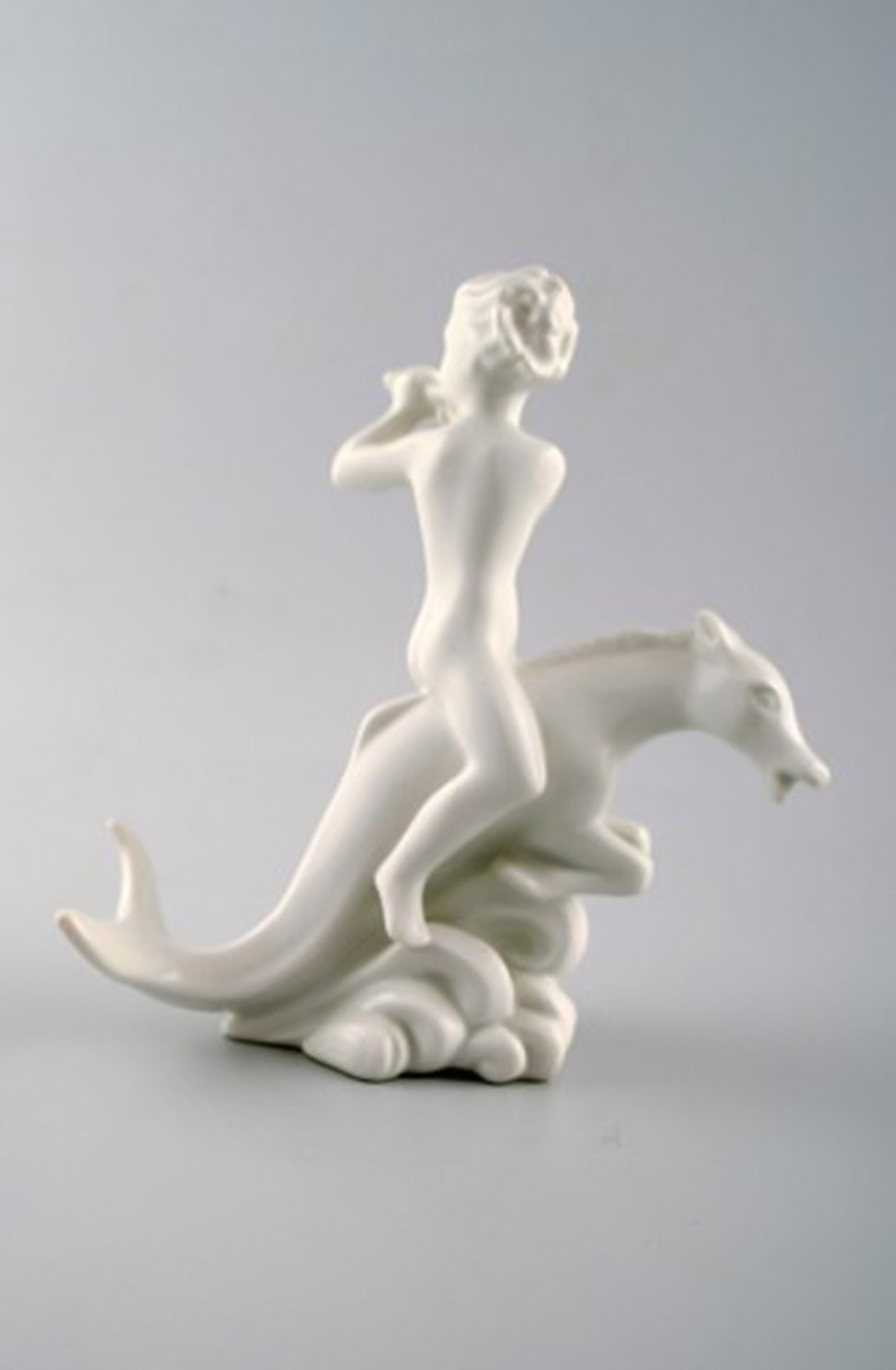 Harald Salomon for Rörstrand, blanc de chine / white glazed figure of a fawn riding on fabel - 3