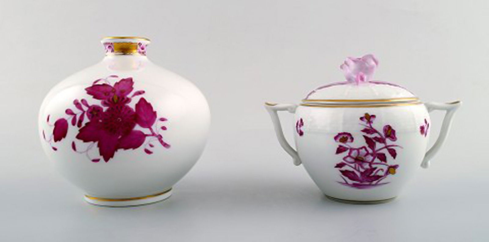 8 Herend, Hungary lidded vases / vases / dishes decorated with flowers, gold rim, porcelain. - 2