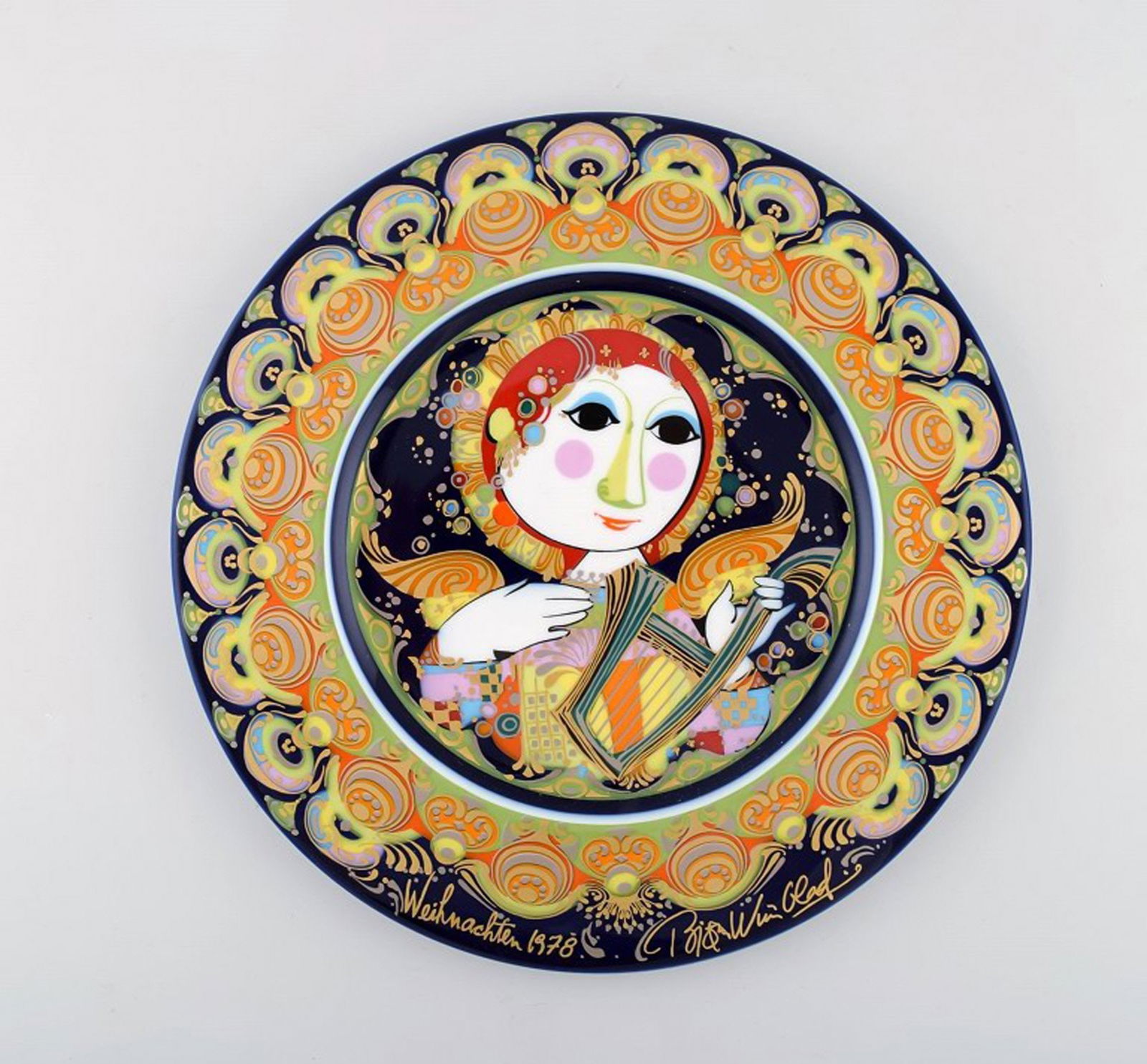 Rare hand painted Rosenthal Bjørn Wiinblad Christmas plate from 1978. "Angel with harp".: Title: Rare hand painted Rosenthal Bjørn Wiinblad Christmas plate from 1978. "Angel with harp". Description: Rare hand painted Rosenthal Bjørn Wiinblad Christmas plate from 1978. "Angel