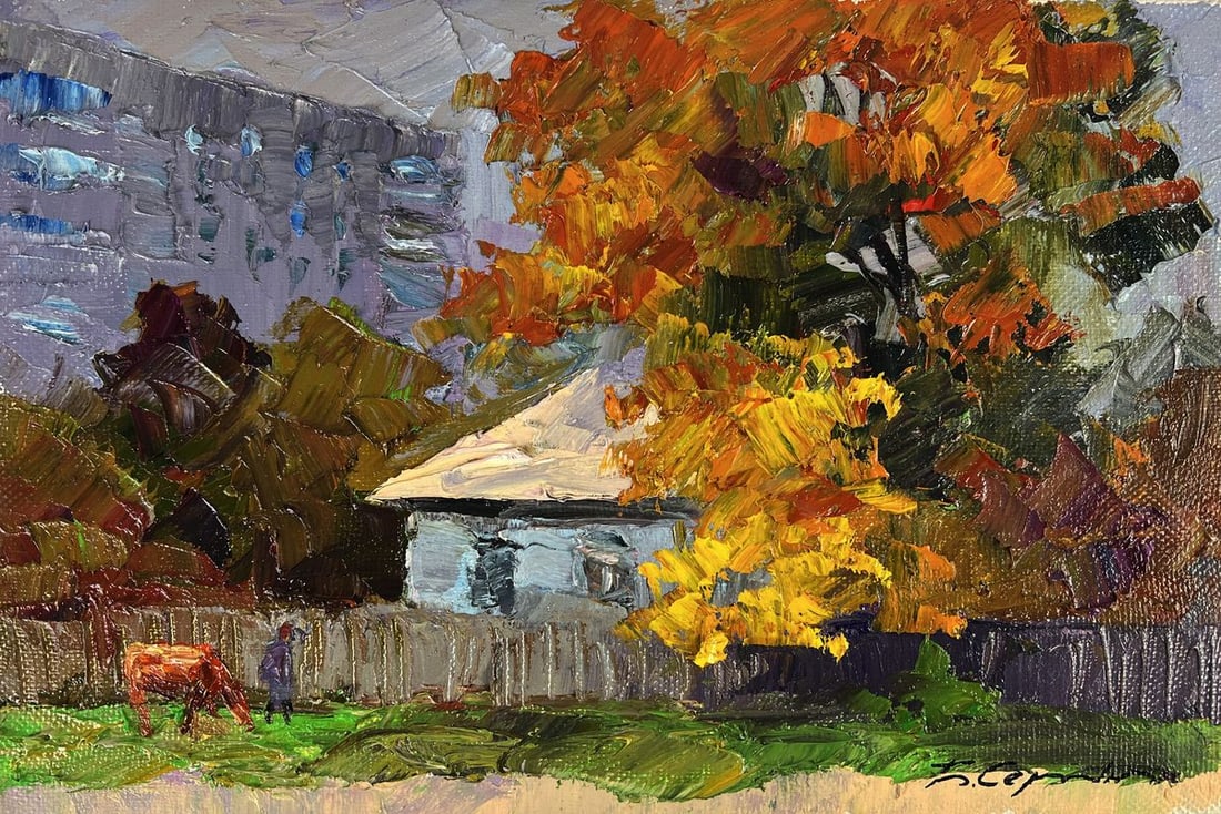 Oil painting A red cow near the house yard Boris Serdyuk - 3