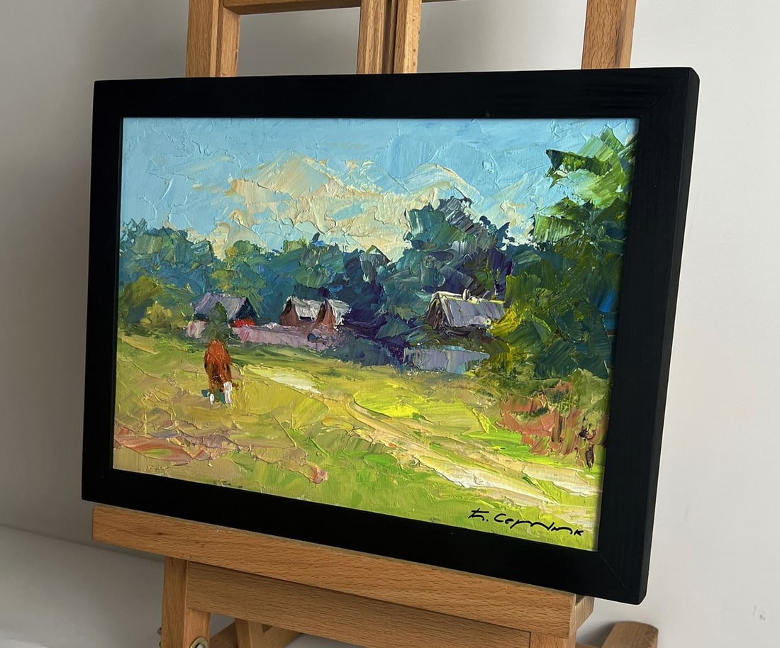 Oil painting A red cow near the houses Boris Serdyuk - 2