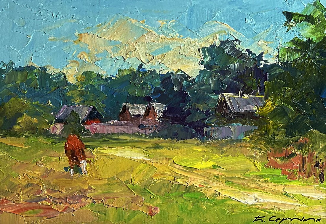 Oil painting A red cow near the houses Boris Serdyuk - 3