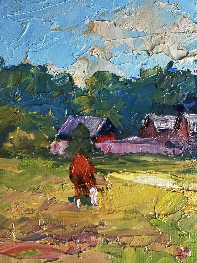 Oil painting A red cow near the houses Boris Serdyuk - 7