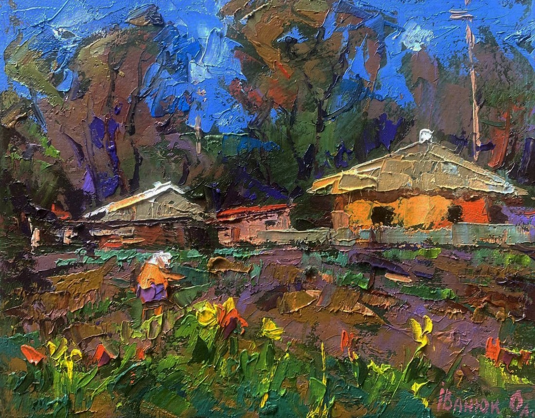 Oil painting Warm evening rays on the old porch Oleksiy Ivanyuk: Title: Oil painting Warm evening rays on the old porch Oleksiy Ivanyuk Description: NoKalen 1643The Oil painting Canvas titled "Warm evening rays on the old porch" captures the fleeting beauty of a ru