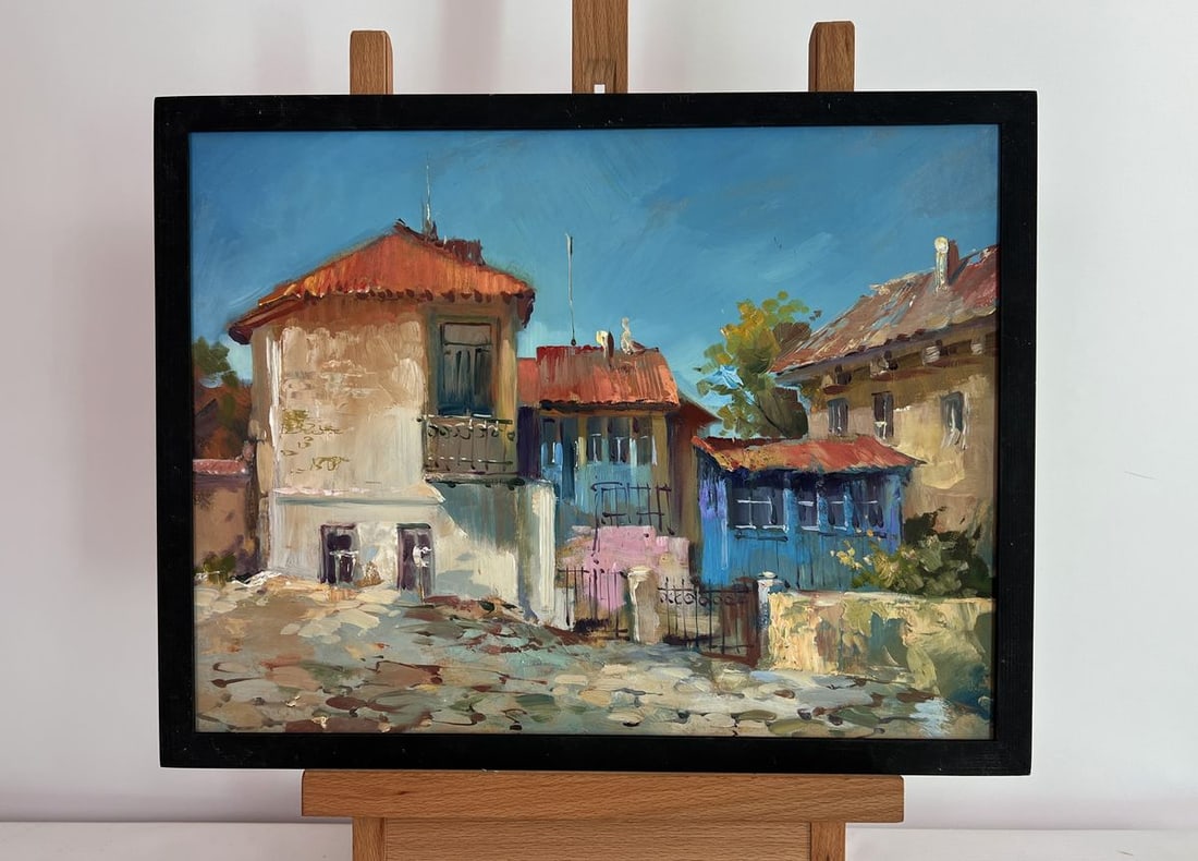 Oil painting Warm wind on the streets Yuriy Suprunchuk: Title: Oil painting Warm wind on the streets Yuriy Suprunchuk Description: NoAAA4448This oil painting cardboard is titled "Warm wind on the streets" captures the essence of a sun-drenched town where h