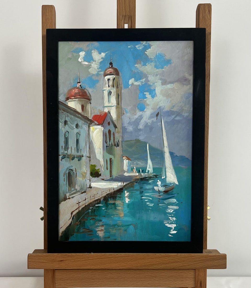 Oil painting City on the water and white sails Yuriy Suprunchuk: Title: Oil painting City on the water and white sails Yuriy Suprunchuk Description: NoAAA4454The painting "City on the Water and White Sails" beautifully captures the harmony between architectural spl