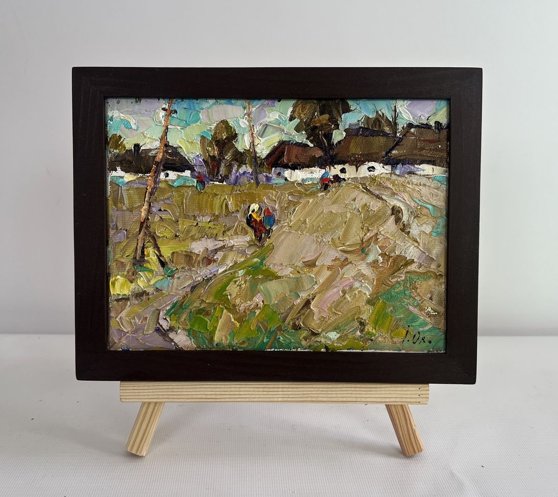 Oil painting We are returning home Alex Kalenyuk: Title: Oil painting We are returning home Alex Kalenyuk Description: NoAAA4469The painting "We are Returning Home" vividly captures a moment of rural life, where figures traverse a winding path leadin