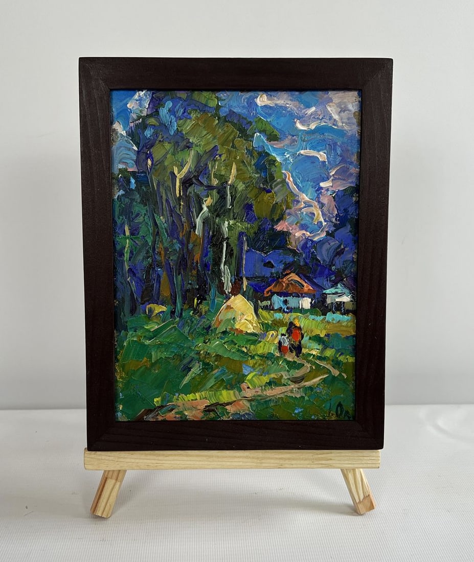Oil painting House near the forest Alex Kalenyuk: Title: Oil painting House near the forest Alex Kalenyuk Description: NoAAA4496The painting "House near the Forest" is a vivid depiction of a serene rural scene where nature and human life coexist in h