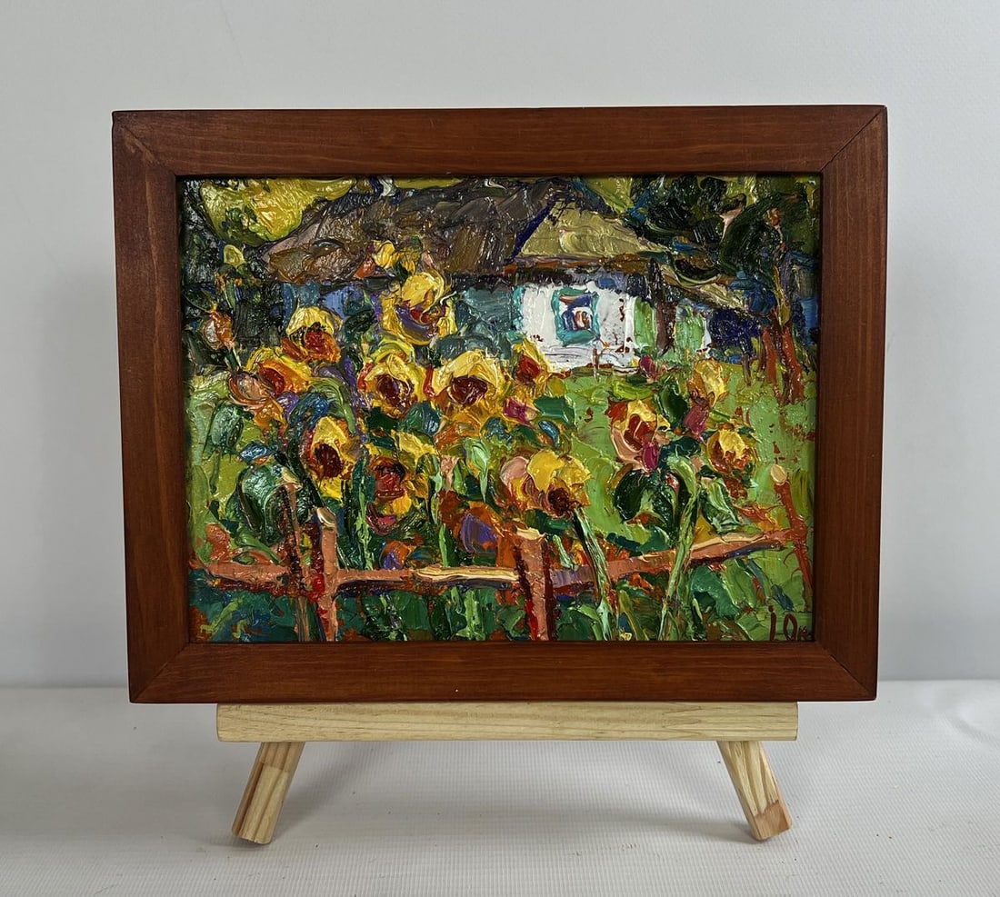 Oil painting There are sunflowers in the yard Oksana Kalenyuk: Title: Oil painting There are sunflowers in the yard Oksana Kalenyuk Description: NoAAA4699The oil painting on cardboard titled "There are Sunflowers in the Yard" radiates warmth and nostalgia,