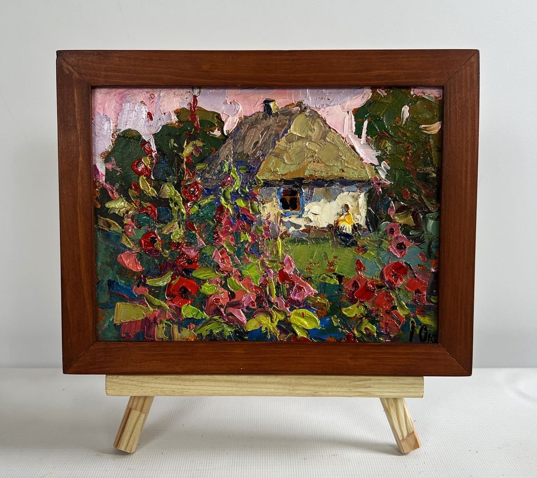 Oil painting Mallows are blooming in the garden Oksana Kalenyuk: Title: Oil painting Mallows are blooming in the garden Oksana Kalenyuk Description: NoAAA4711The oil painting on cardboard titled "Mallows are Blooming in the Garden" is a vibrant and expressive