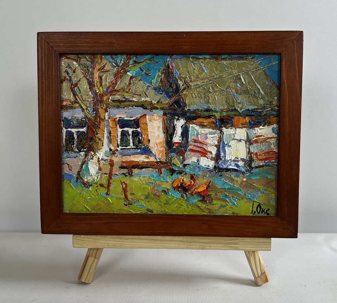 Oil painting Village courtyard Oksana Kalenyuk: Title: Oil painting Village courtyard Oksana Kalenyuk Description: NoAAA4712The oil painting on cardboard titled "Village Courtyard" is a striking depiction of rural life, infused with warmth, nostalg