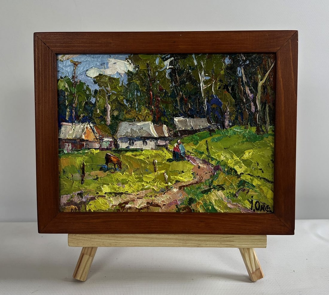 Oil painting On the edge of the village Oksana Kalenyuk: Title: Oil painting On the edge of the village Oksana Kalenyuk Description: NoAAA4722The oil painting on cardboard titled "On the Edge of the Village" presents a picturesque rural scene filled with