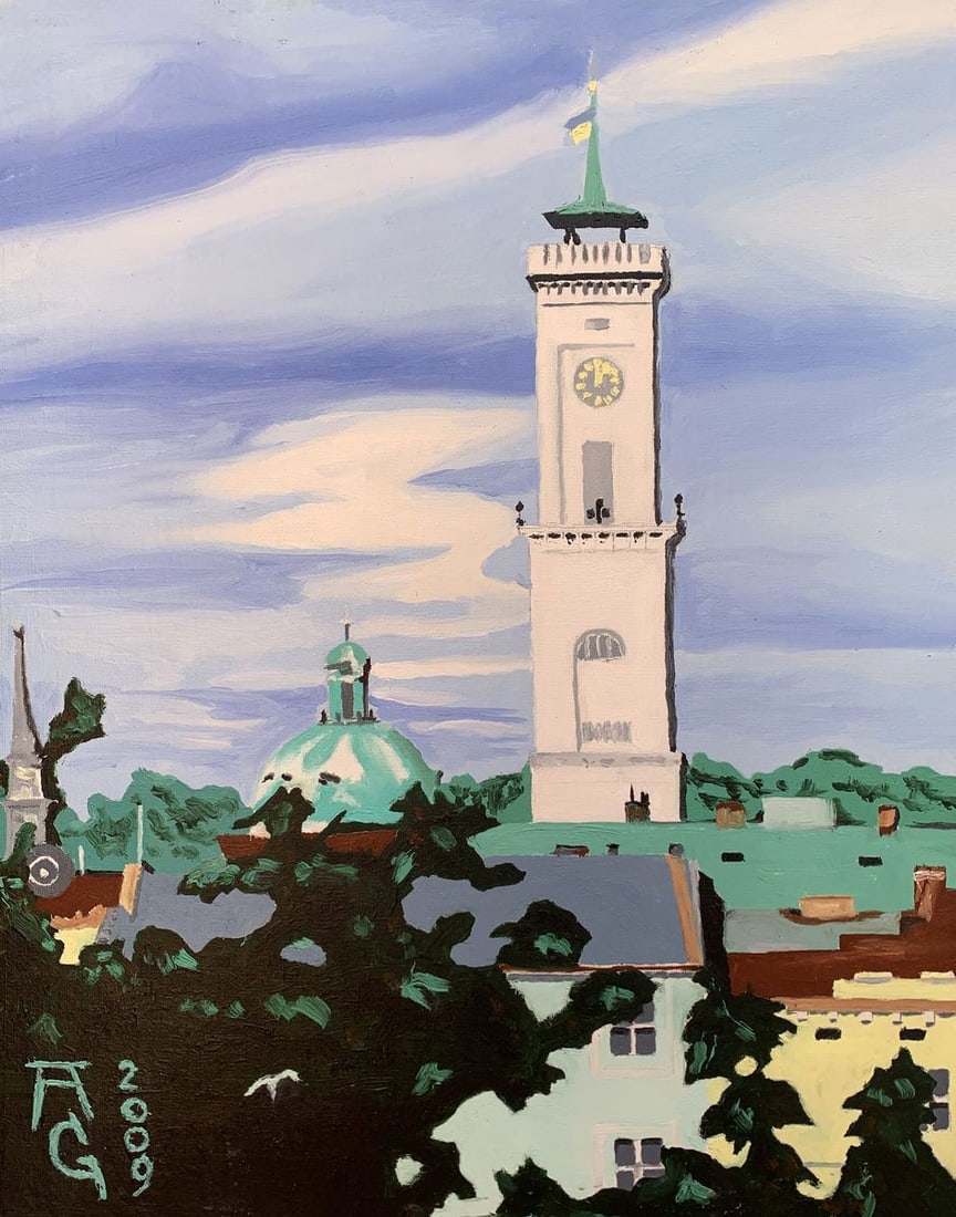 Oil painting City Tower Oleksandr Gukalov: Title: Oil painting City Tower Oleksandr Gukalov Description: NoAAA3246"City Tower" is an evocative Oil painting that captures the iconic skyline of a city, focusing on its prominent architectural