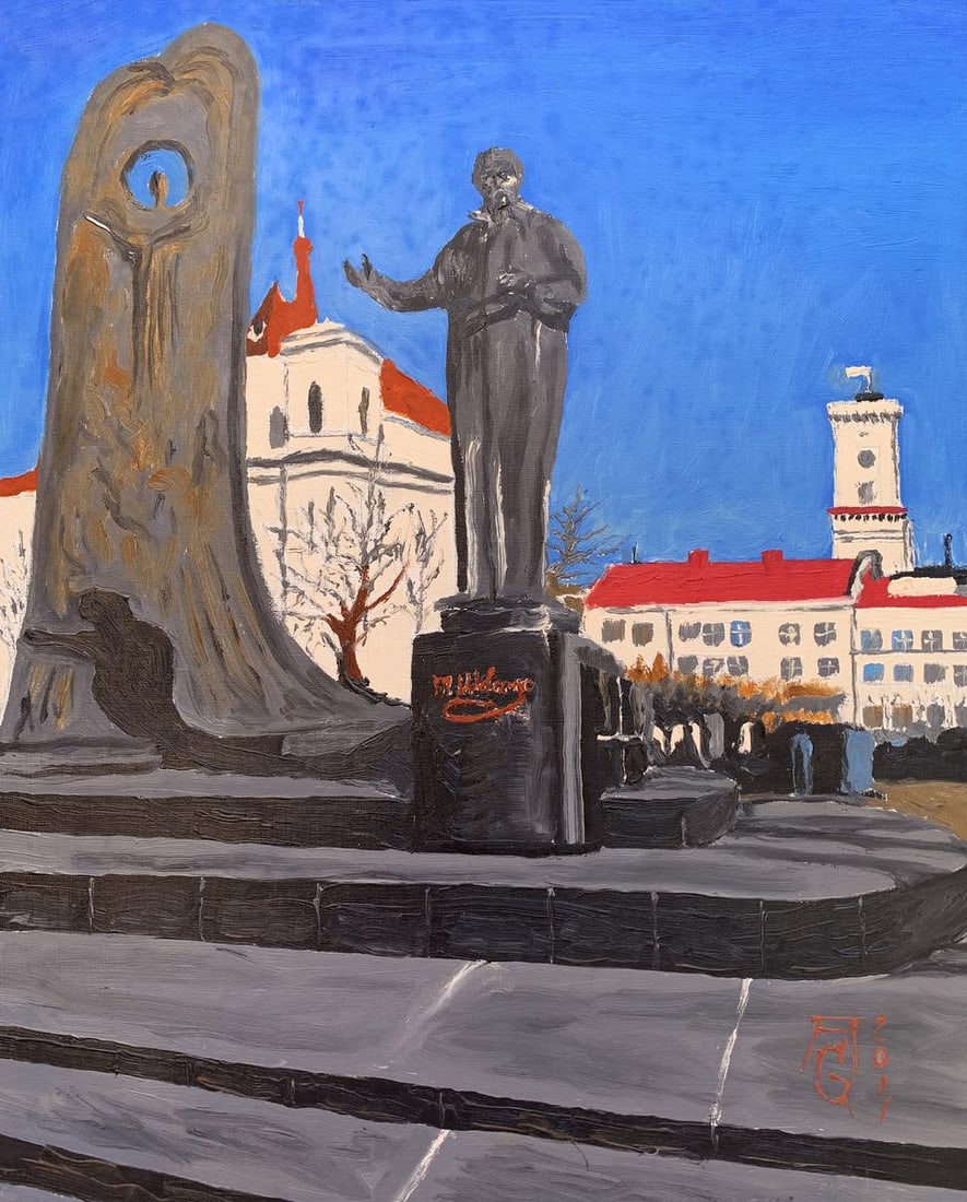 Oil painting City monument in the park Oleksandr Gukalov: Title: Oil painting City monument in the park Oleksandr Gukalov Description: NoAAA3248"City Monument in the Park" is an Oil painting that captures a vibrant and significant urban scene, featuring a