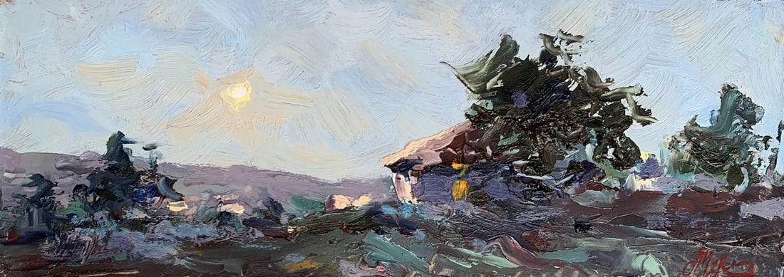 Oil painting The moon over the village Alexander Cherednichenko: Title: Oil painting The moon over the village Alexander Cherednichenko Description: NoAAA3280The painting "The Moon Over the Village" is a captivating oil on canvas artwork that beautifully portrays