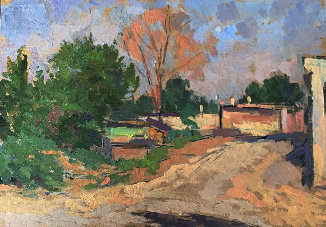 Oil painting On the outskirts of the city Peter Tovpev: Title: Oil painting On the outskirts of the city Peter Tovpev Description: NoAAA3404"On the Outskirts of the City" is a captivating Oil painting that portrays the serene and rustic charm of a city's