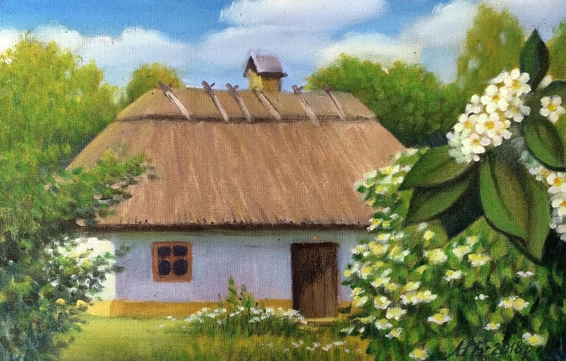 Oil painting Blooming Garden Mykhailo Burdylo: Title: Oil painting Blooming Garden Mykhailo Burdylo Description: NoAAA3418The oil painting titled "Blooming Garden" captures the essence of a peaceful rural scene, showcasing a charming traditional