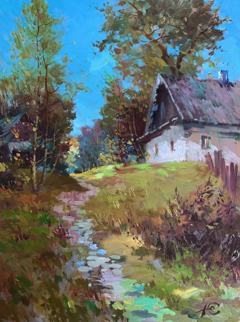 Oil painting Early morning in the village Yuriy Suprunchuk: Title: Oil painting Early morning in the village Yuriy Suprunchuk Description: NoAAA3614The painting "Early Morning in the Village" captures the serene and idyllic charm of rural life, as seen during
