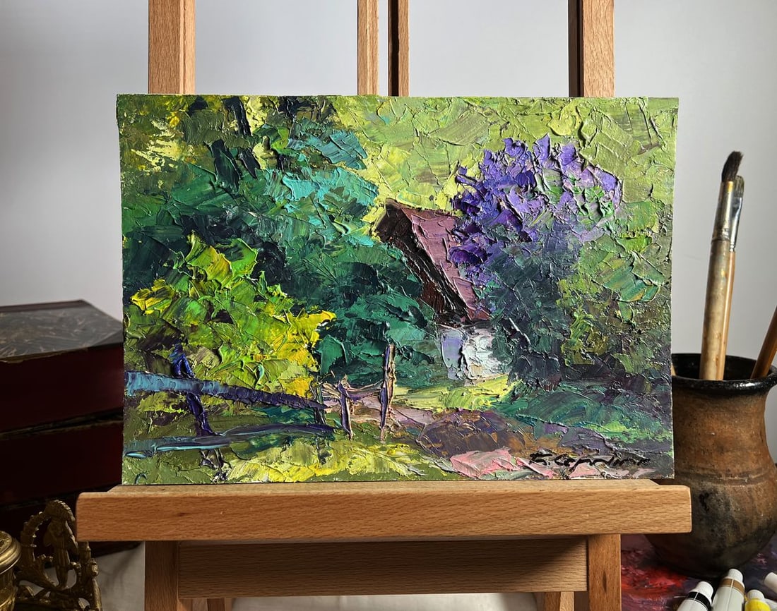 Oil painting Lilac bush in the garden Boris Serdyuk: Title: Oil painting Lilac bush in the garden Boris Serdyuk Description: NoAAA3690"Lilac Bush in the Garden" is a vibrant and expressive Oil painting on cardboard that captures the beauty and