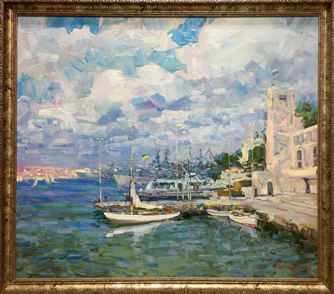 Oil painting City port Shadrin Alexander Petrovich: Title: Oil painting City port Shadrin Alexander Petrovich Description: NoVern 824 *** ABOUT THIS PAINTING *** * TITLE: "City port" * ARTISTS: Shadrin Alexander Petrovich * SIZE: 70x80 cm/'27.55x31.49