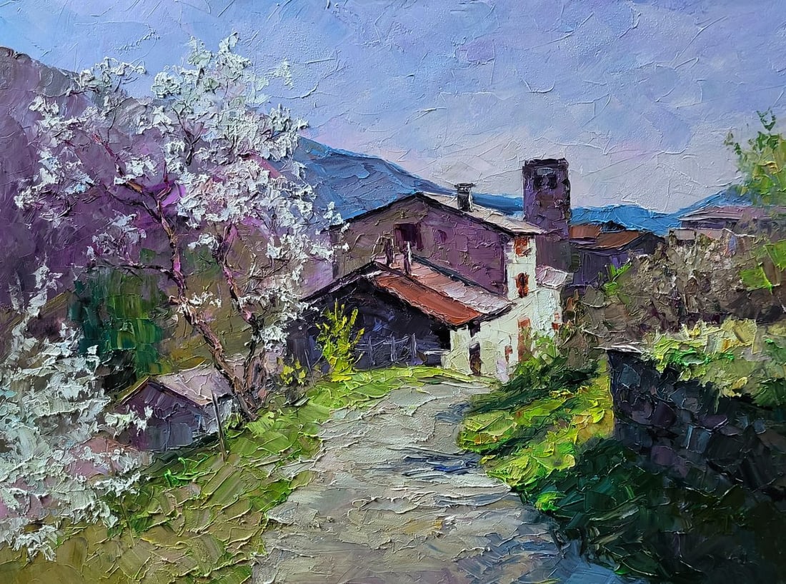 Oil painting Village in the mountains Boris Serdyuk: Title: Oil painting Village in the mountains Boris Serdyuk Description: NoSERB 1229The Oil painting Canvas titled "Village in the mountains" captures the timeless charm of a rustic settlement nestled