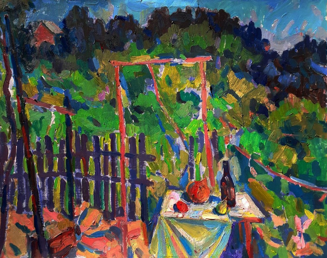 Oil painting In the garden where each leaf whispers Pavel Dobrev: Title: Oil painting In the garden where each leaf whispers Pavel Dobrev Description: NoDobr 881The Oil painting on Cardboard titled "In the garden where each leaf whispers" evokes an intimate and