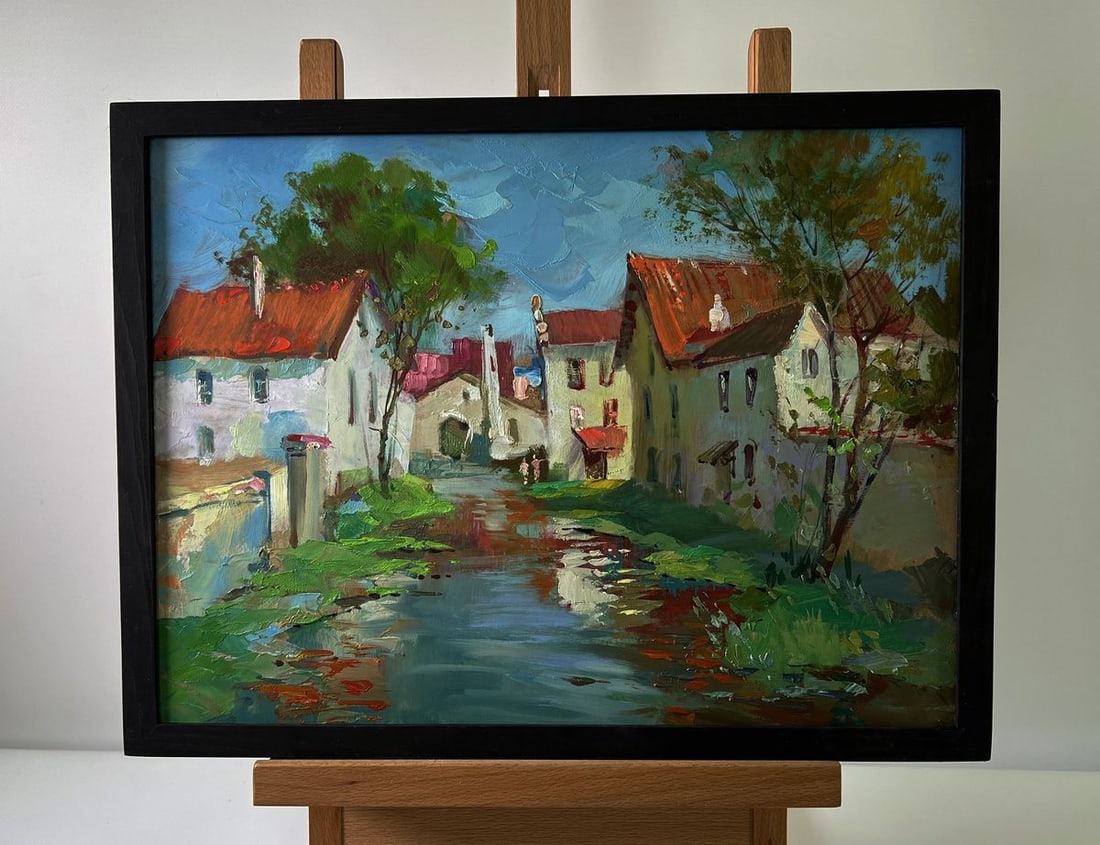 Oil painting Village stream Yuriy Suprunchuk: Title: Oil painting Village stream Yuriy Suprunchuk Description: NoAAA5670The Oil painting Cardboard titled "Village Stream" is a masterful representation of rural charm, capturing the serene flow of