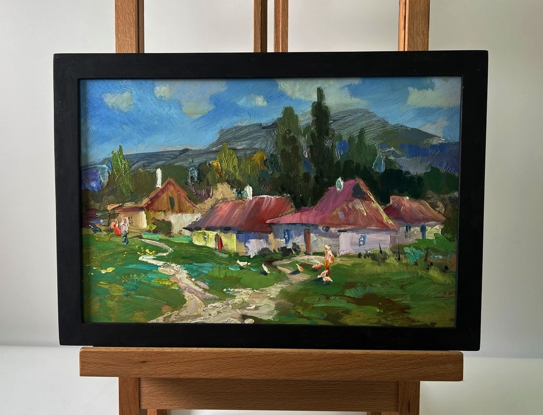 Oil painting Village among the mountains Yuriy Suprunchuk: Title: Oil painting Village among the mountains Yuriy Suprunchuk Description: NoAAA5696The Oil painting Cardboard titled "Village among the mountains" depicts the tranquil charm of rural life set agai