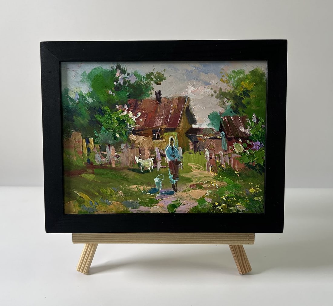 Oil painting Yard in the village Yuriy Suprunchuk: Title: Oil painting Yard in the village Yuriy Suprunchuk Description: NoAAA5721The Oil painting Cardboard titled "Yard in the village" portrays an intimate and nostalgic glimpse into rural life,