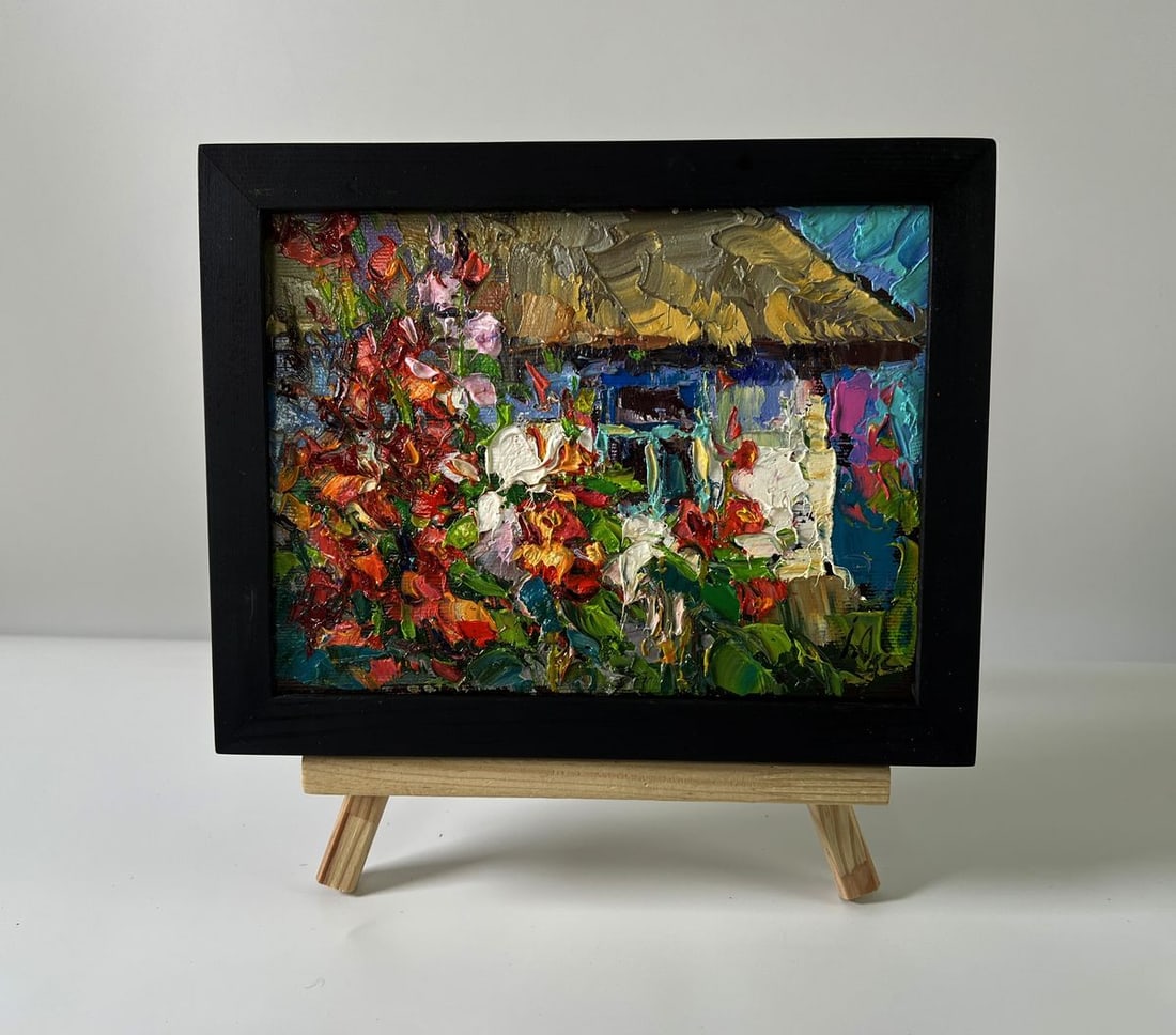Oil painting Flowers near the house Oksana Ivanyuk: Title: Oil painting Flowers near the house Oksana Ivanyuk Description: NoAAA5808The Oil painting Canvas titled "Flowers near the house" captures a vivid and intimate fragment of rural life, where the