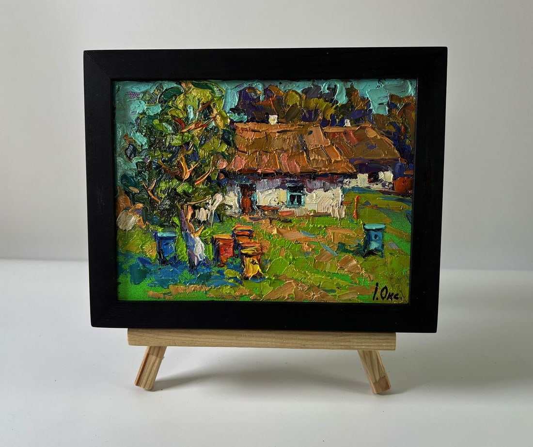 Oil painting Apiary in the yard Oksana Ivanyuk: Title: Oil painting Apiary in the yard Oksana Ivanyuk Description: NoAAA5871The Oil painting Canvas titled "Apiary in the yard" presents a vivid and heartwarming glimpse into rural life, where traditi
