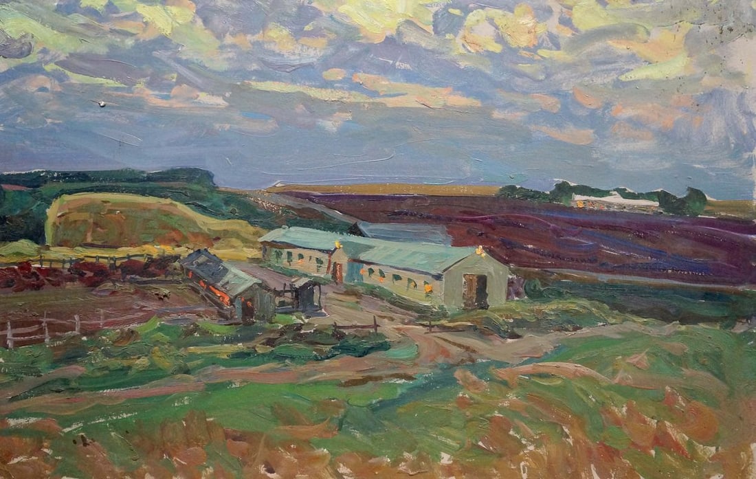 Oil painting Farm Fomin Anatoly Nikiforovich: Title: Oil painting Farm Fomin Anatoly Nikiforovich Description: NoVerns 401 *** ABOUT THIS PAINTING *** * TITLE: "Farm" * ARTISTS: Fomin Anatoly Nikiforovich * SIZE: 46x73 cm/'18.11x28.74 inches' * M