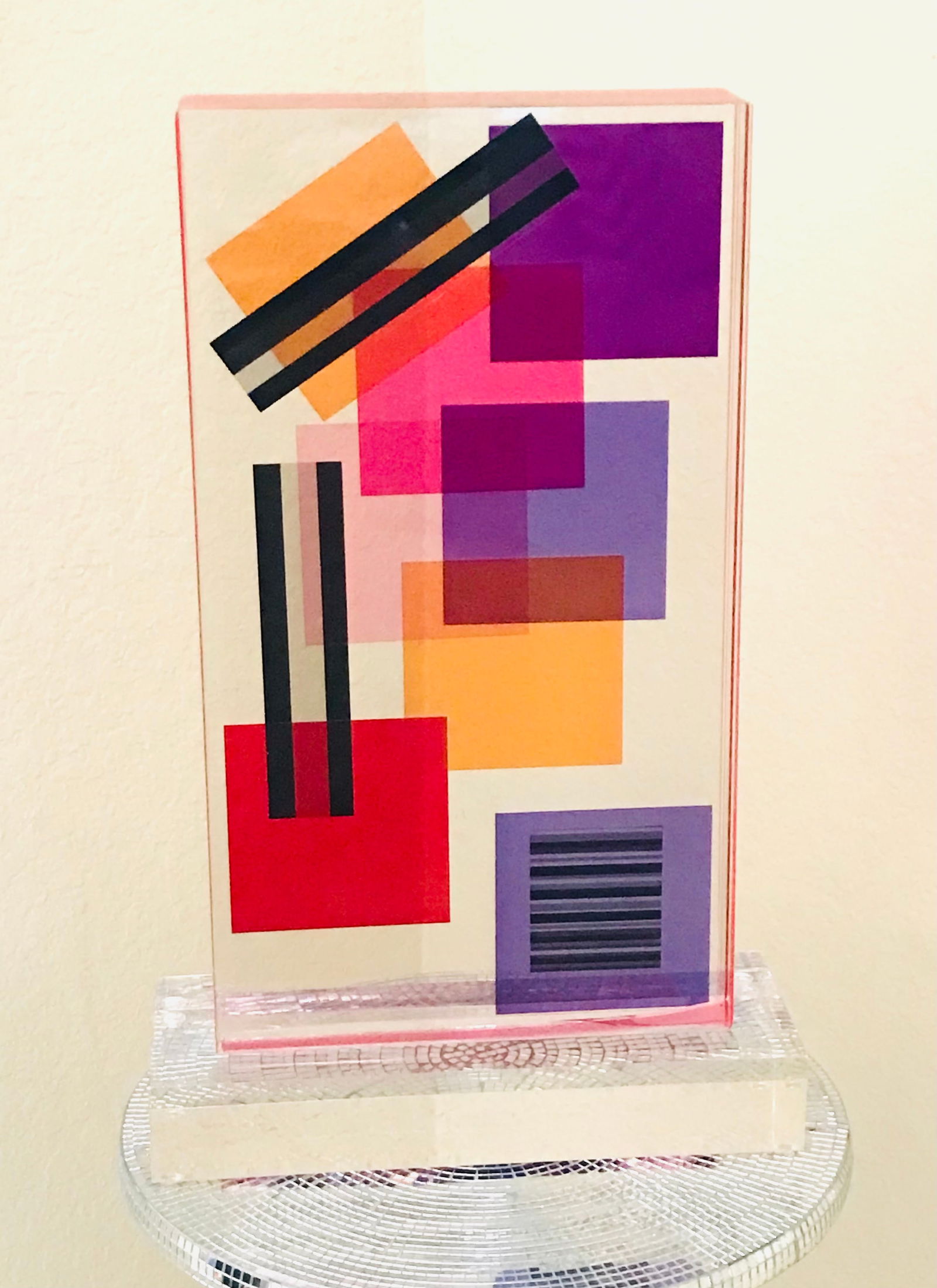 Lucite Acrylic sculpture Geo by Grace Absi: Title: Lucite Acrylic sculpture Geo by Grace Absi Artist: Grace Absi, Grace Absi Sculptures, Sculptures Description: A sculpture of a Lucite block handcrafted in the interiors with a geometric motif,