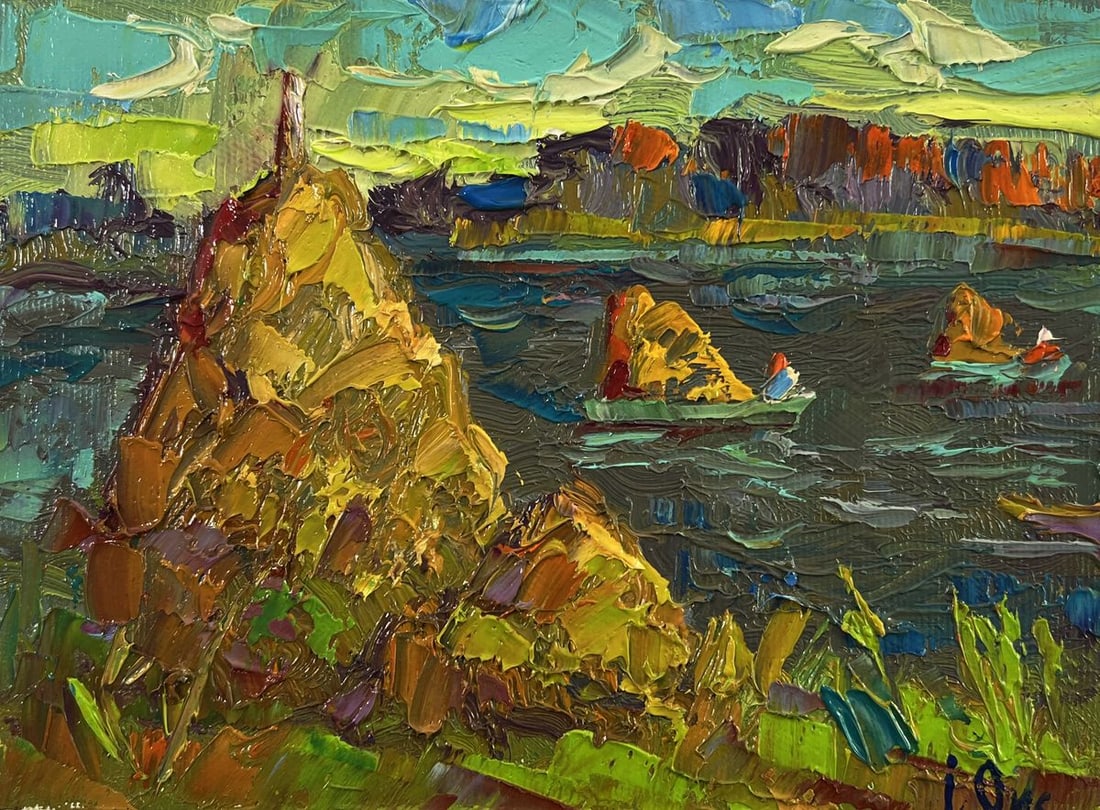 Oil painting Transporting hay across the river Oksana Ivanyuk - 3