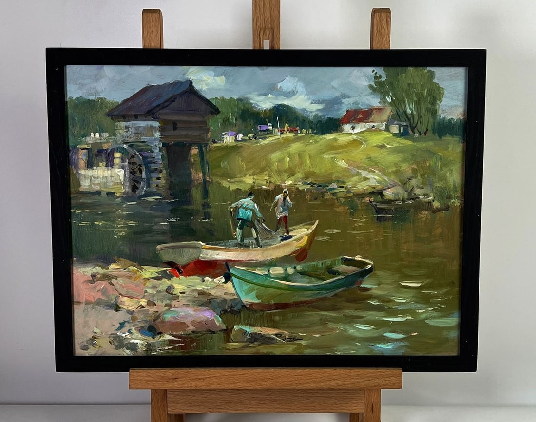 Oil painting Fishermen on boats near the village Yuriy Suprunchuk: Title: Oil painting Fishermen on boats near the village Yuriy Suprunchuk Description: NoAAA5977 *** ABOUT THIS PAINTING *** * TITLE: "Fishermen on boats near the village" * ARTISTS: Yuriy Suprunchuk *