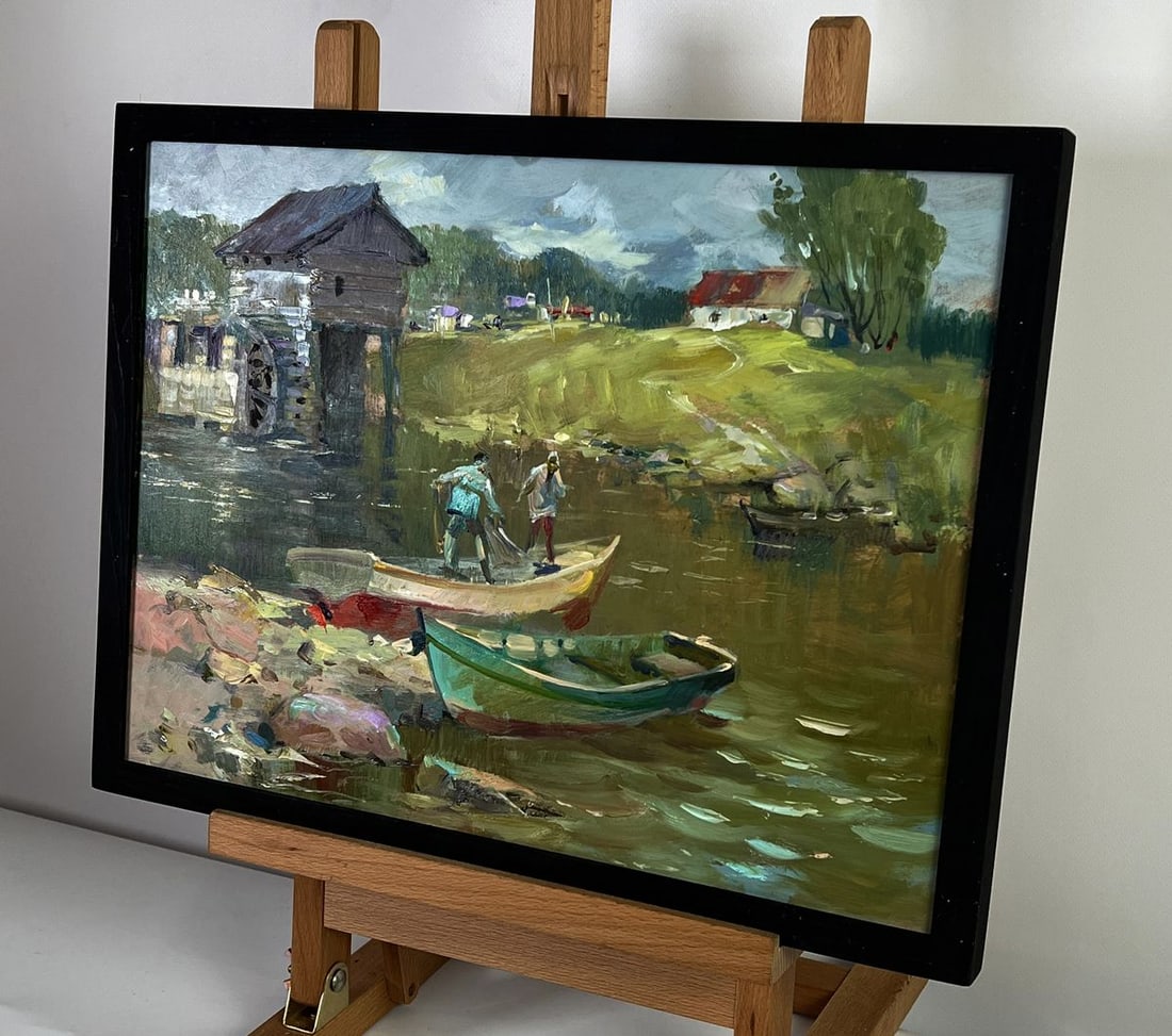 Oil painting Fishermen on boats near the village Yuriy Suprunchuk - 2